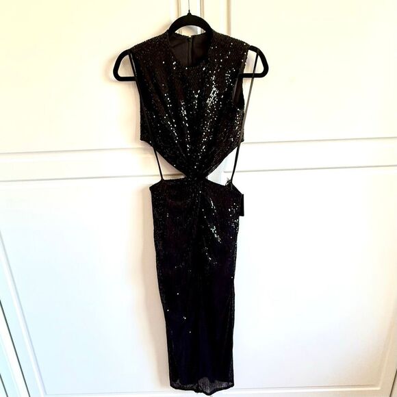 NWT Ieena for Mac Duggal NEW Sleeveless Black Sequin Midi Cutout Dress, style nu - Picture 4 of 11